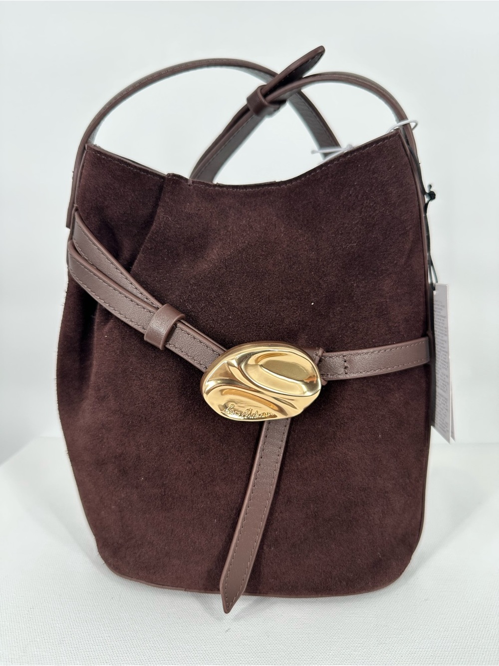 NWT Sam Edelman Cowhide Leather Suede Crossbody Chocolate Brown Bucket Tote Bag - Picture 2 of 16